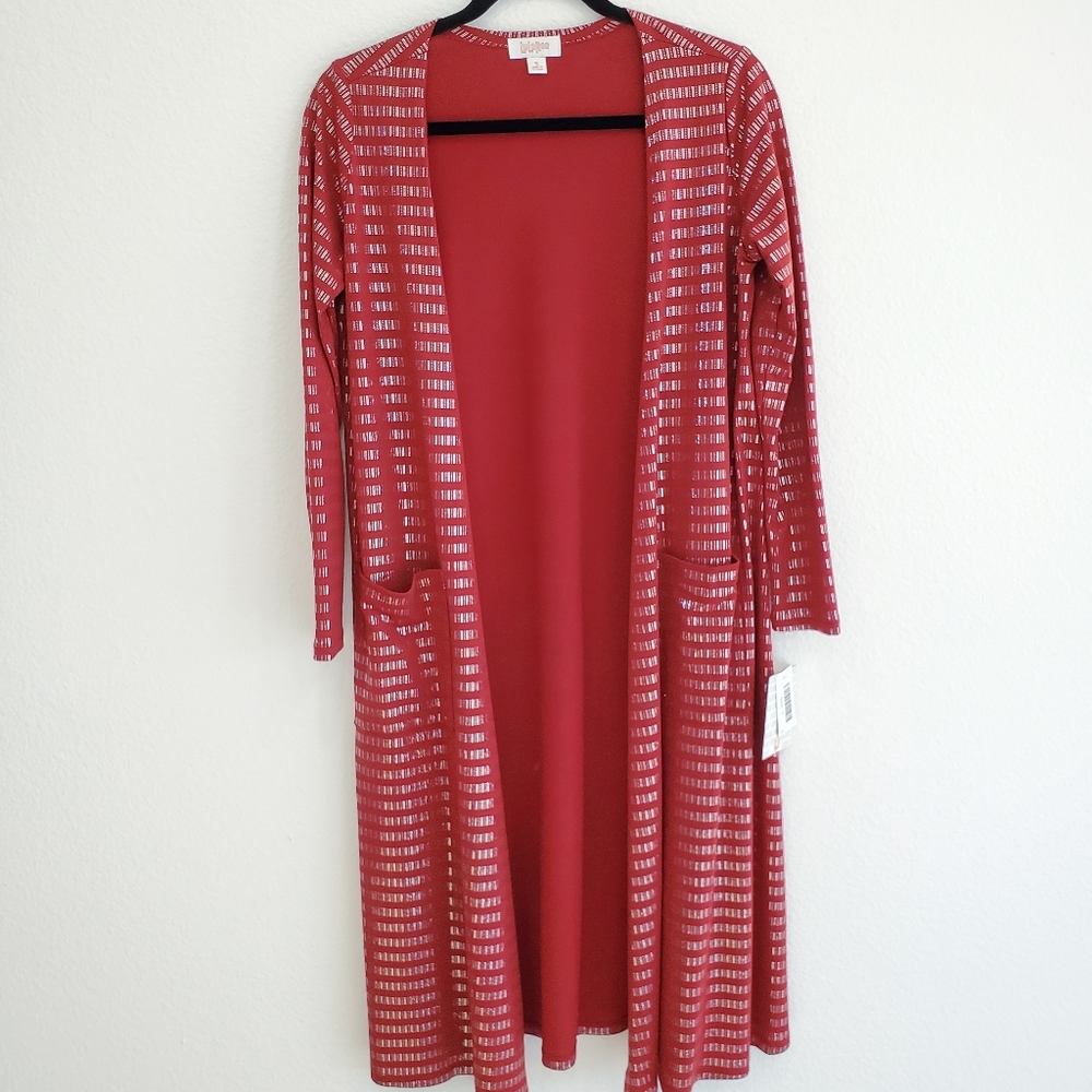 Long Duster Cardigan Lularoe Sarah Elegant collection Red Silver Small NWT